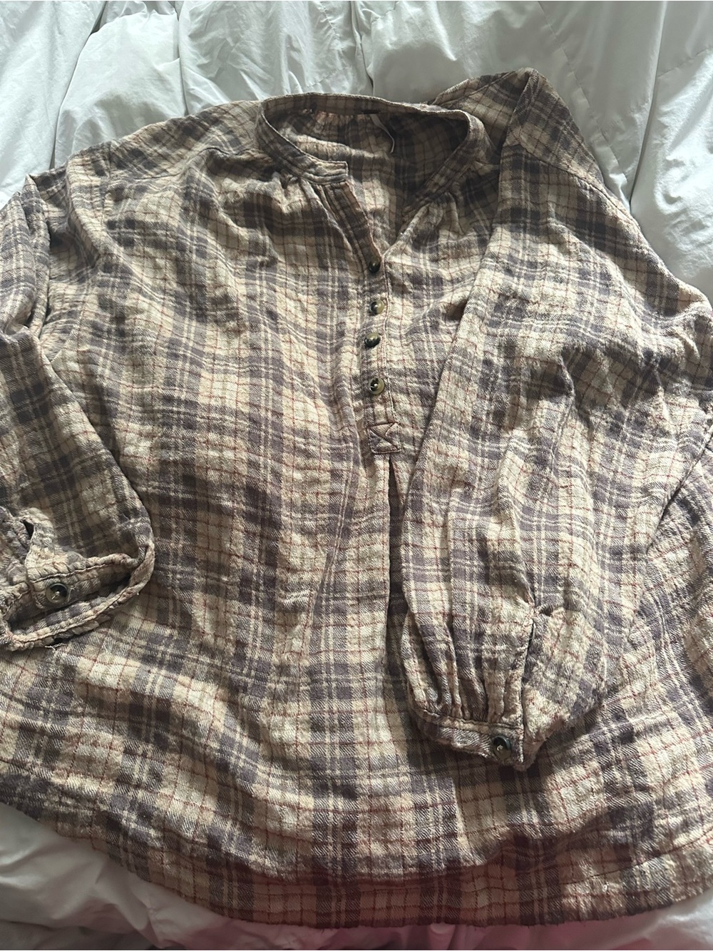Free People Plaid Button Front Shirt - Cream & Brown
